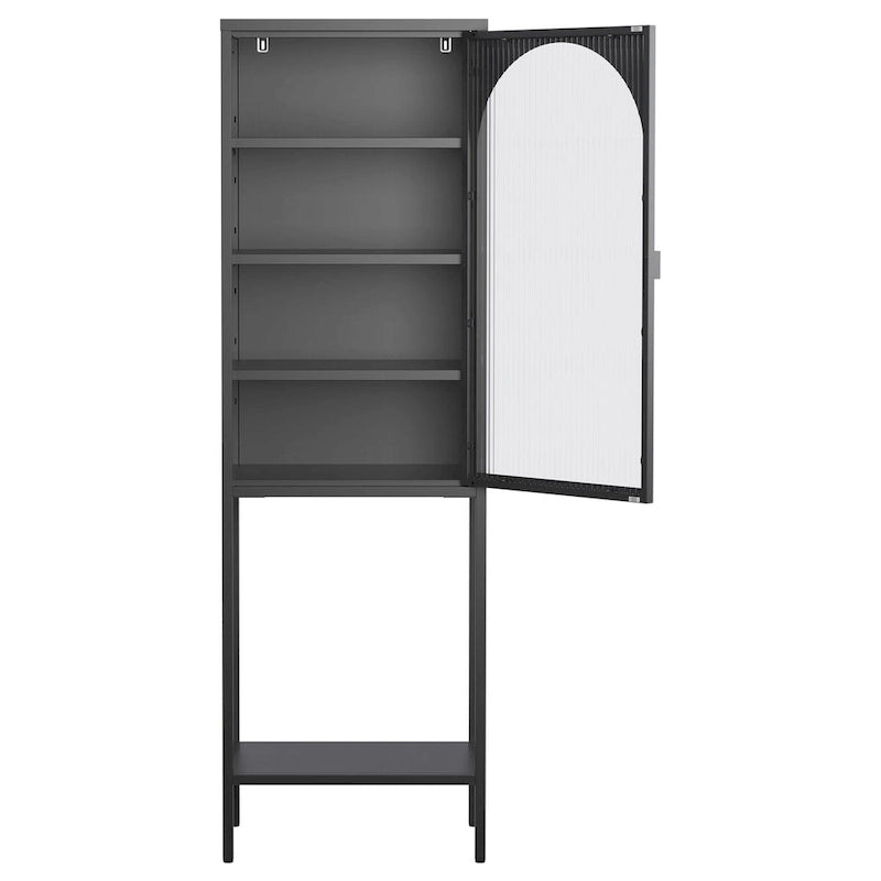 Meuble de rangement vitré à porte arquée (blanche/noire) en métal, 5 étagères, montage par 1 personne