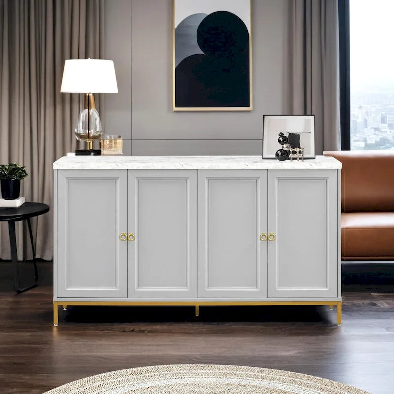Bahut 4 portes gris clair et noir | Style moderne | Pour salon et salle à manger