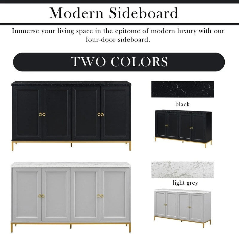Bahut 4 portes gris clair et noir | Style moderne | Pour salon et salle à manger