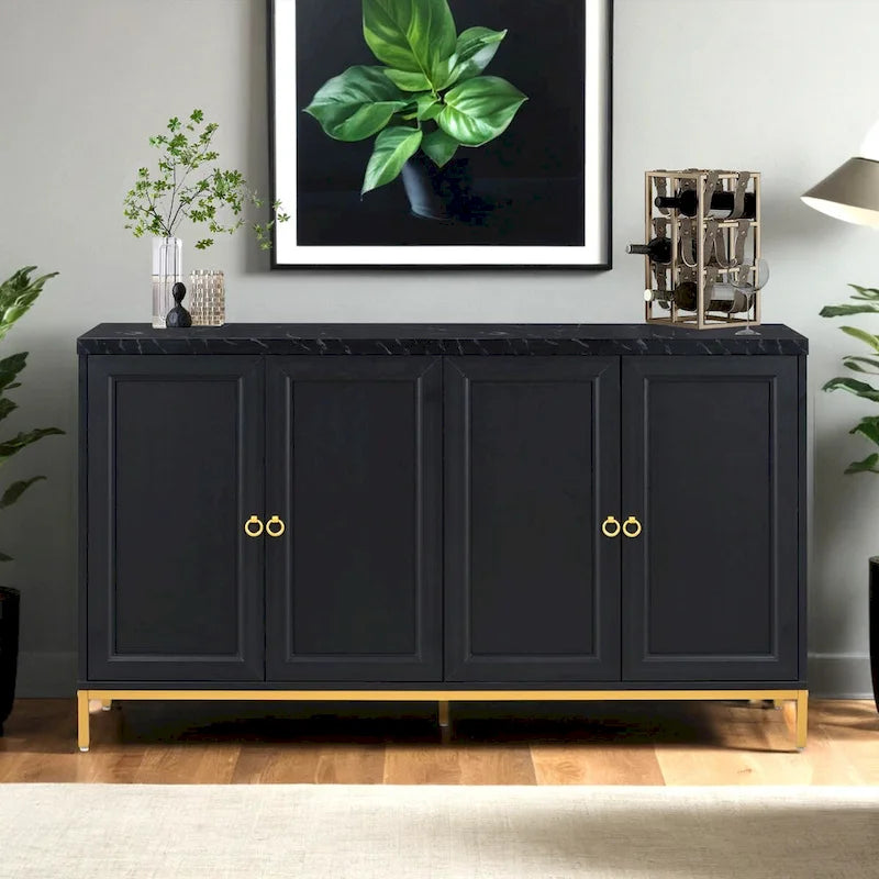 Bahut 4 portes gris clair et noir | Style moderne | Pour salon et salle à manger