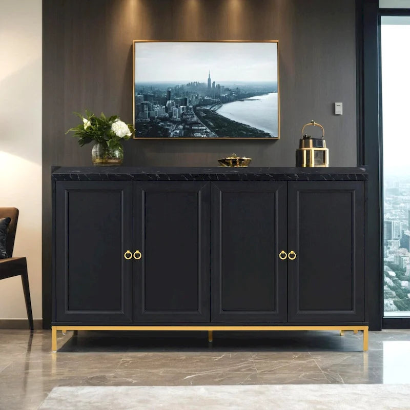 Bahut 4 portes gris clair et noir | Style moderne | Pour salon et salle à manger