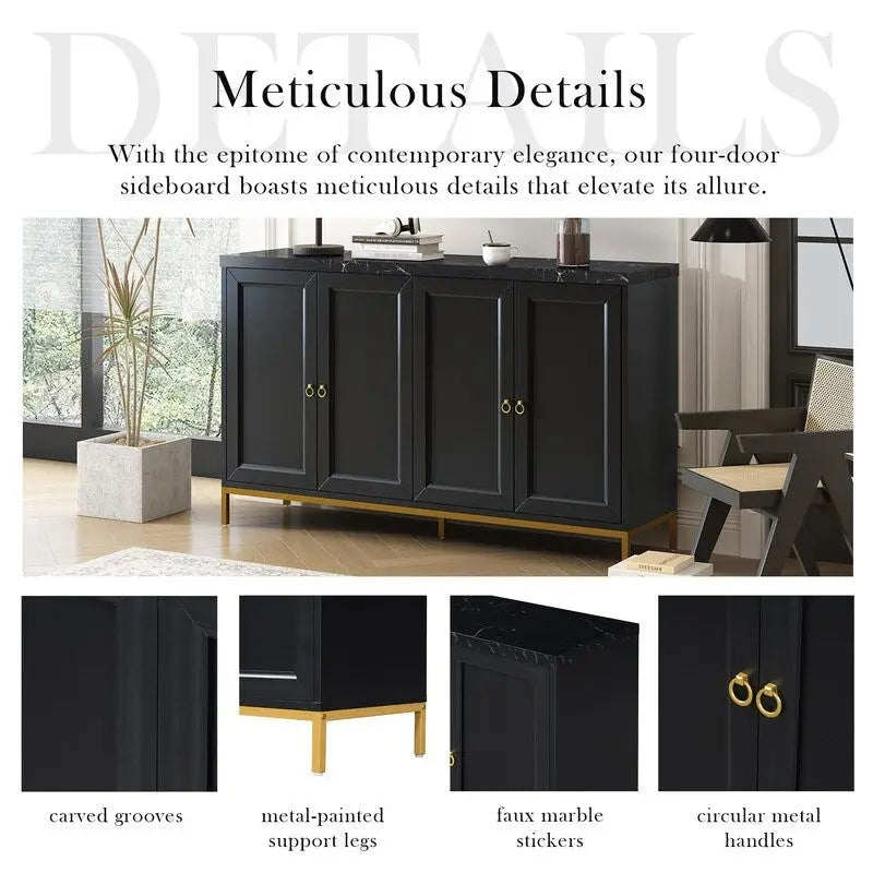 Bahut 4 portes gris clair et noir | Style moderne | Pour salon et salle à manger