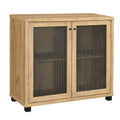 Meuble d'appoint 2 portes, Chêne doré et noir, Grille métallique, Pieds en acier