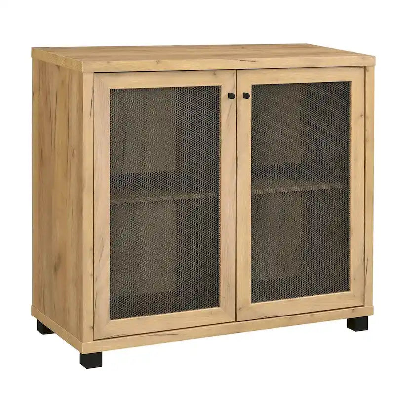 Meuble d'appoint 2 portes, Chêne doré et noir, Grille métallique, Pieds en acier