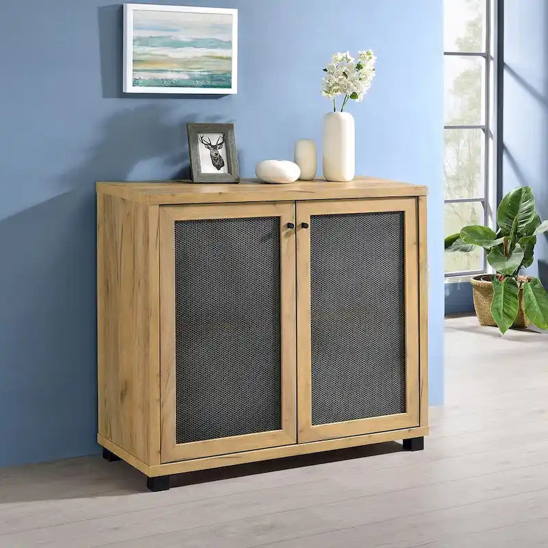 Meuble d'appoint 2 portes, Chêne doré et noir, Grille métallique, Pieds en acier