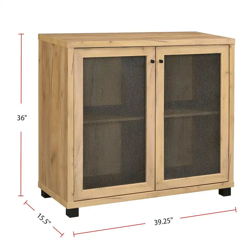 Meuble d'appoint 2 portes, Chêne doré et noir, Grille métallique, Pieds en acier