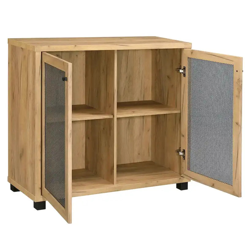 Meuble d'appoint 2 portes, Chêne doré et noir, Grille métallique, Pieds en acier