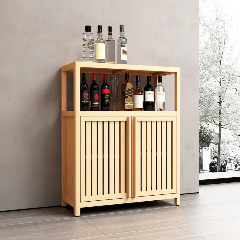 Meuble de rangement au sol en bambou naturel avec 2 portes à persiennes, assemblage par 1 personne