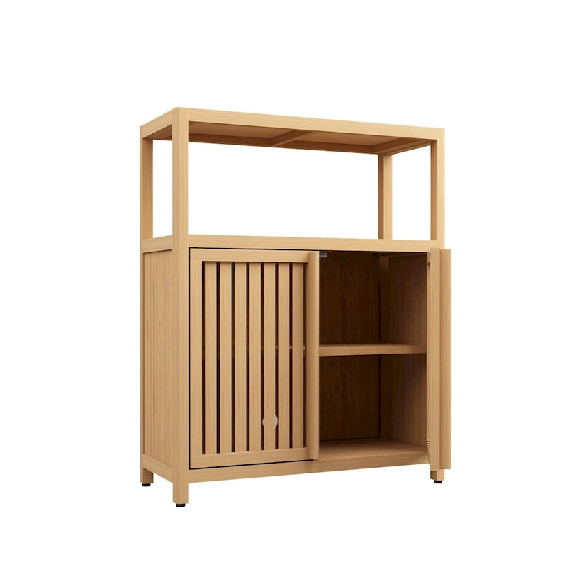 Meuble de rangement au sol en bambou naturel avec 2 portes à persiennes, assemblage par 1 personne