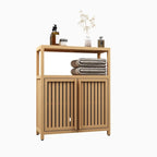 Meuble de rangement au sol en bambou naturel avec 2 portes à persiennes, assemblage par 1 personne