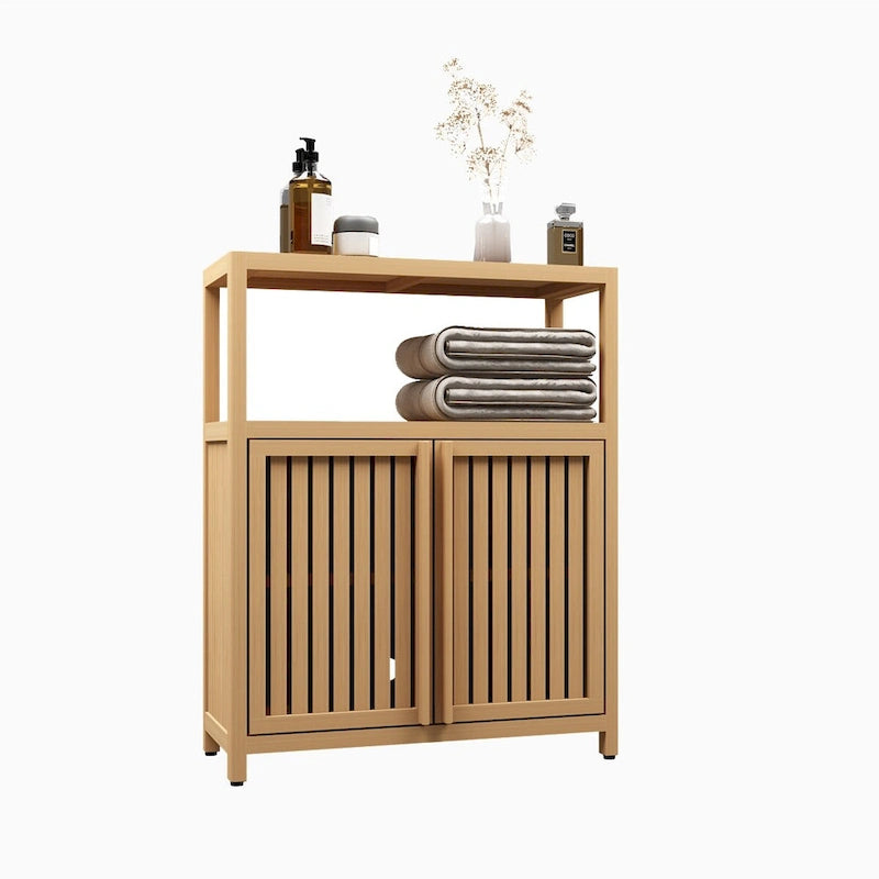 Meuble de rangement au sol en bambou naturel avec 2 portes à persiennes, assemblage par 1 personne