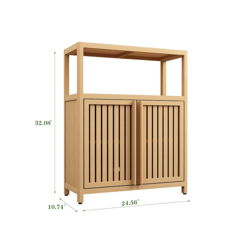 Meuble de rangement au sol en bambou naturel avec 2 portes à persiennes, assemblage par 1 personne