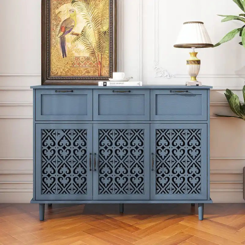 Armoire de rangement à 3 portes et 3 tiroirs vert foncé et bleu, simple