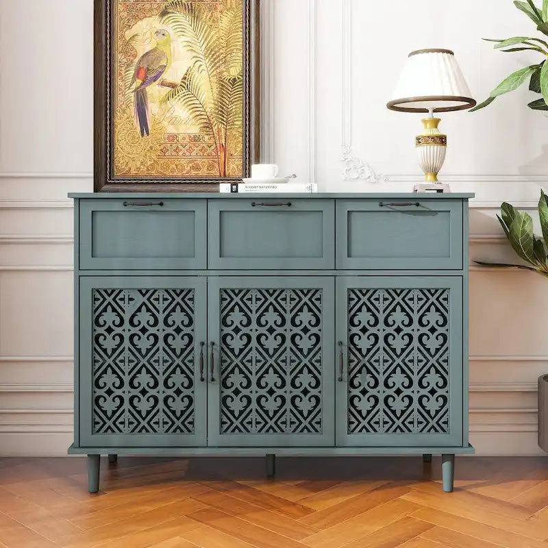 Armoire de rangement à 3 portes et 3 tiroirs vert foncé et bleu, simple