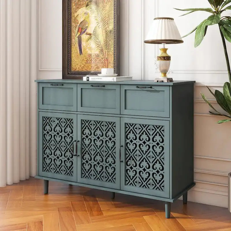 Armoire de rangement à 3 portes et 3 tiroirs vert foncé et bleu, simple