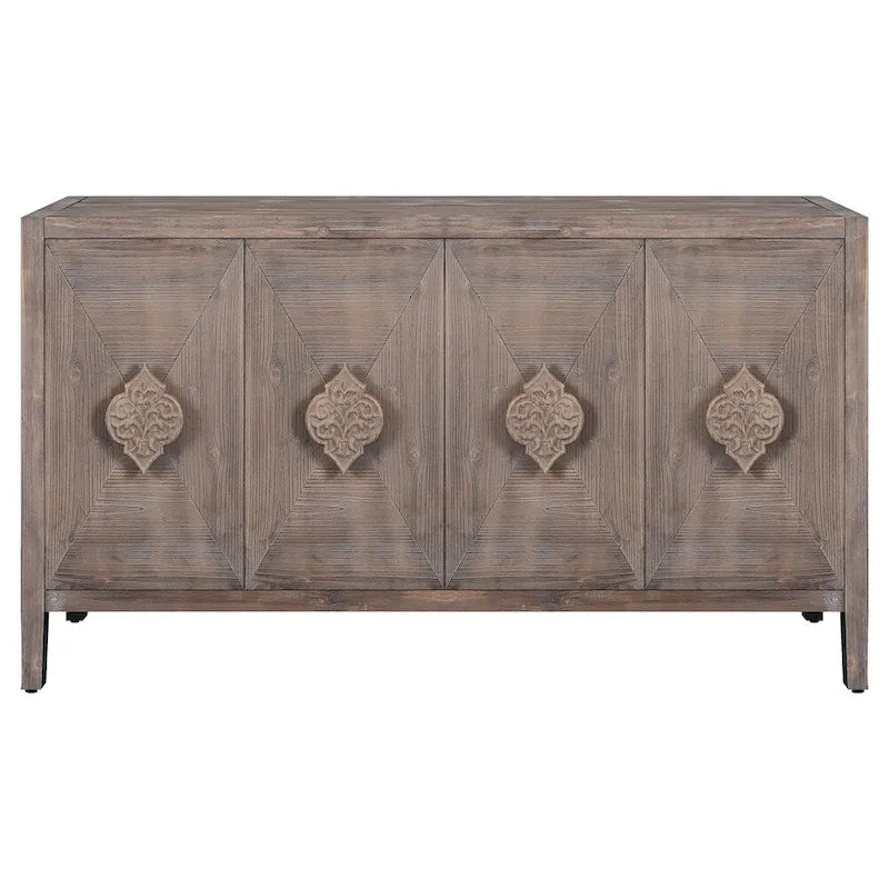 Armoire 4 portes marron antique avec poignées fleurs sculptées, montage par 1 personne