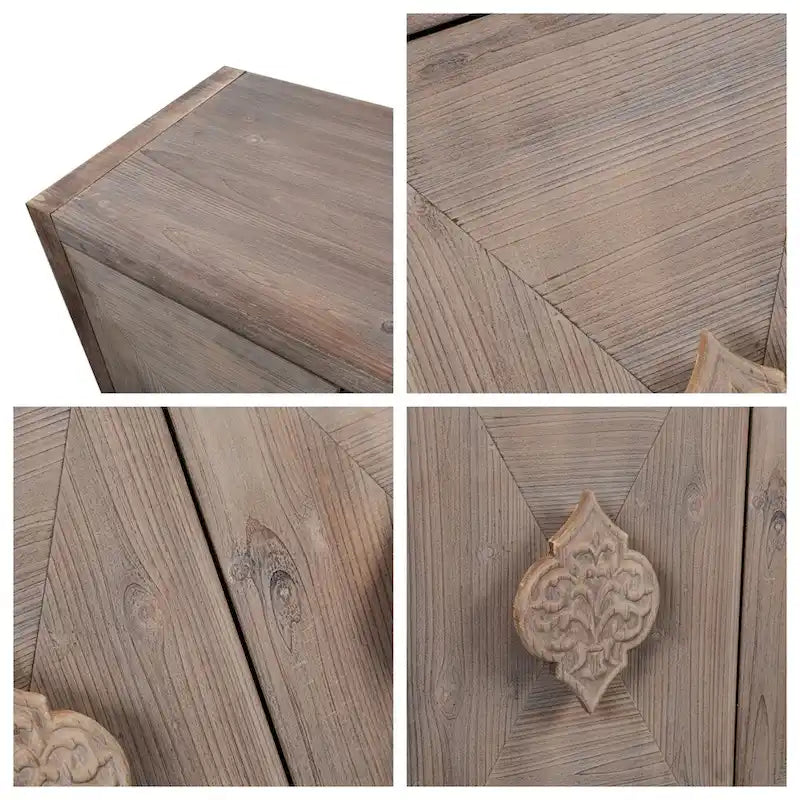 Armoire 4 portes marron antique avec poignées fleurs sculptées, montage par 1 personne