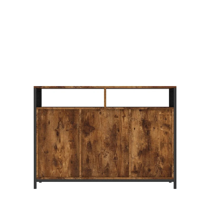 Buffet industriel avec étagères ouvertes et portes – Marron rustique et noir