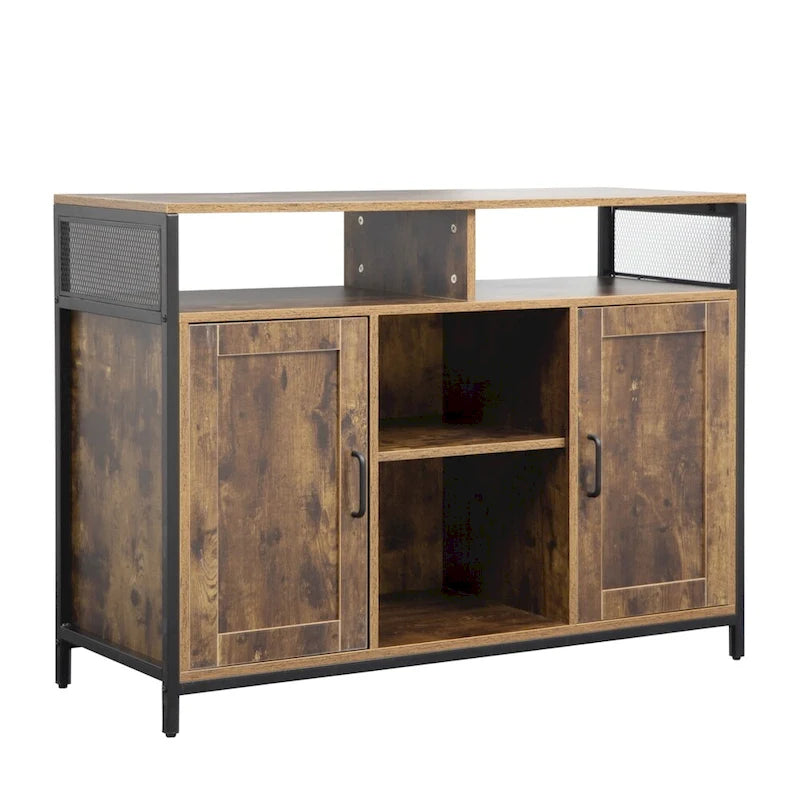 Buffet industriel avec étagères ouvertes et portes – Marron rustique et noir