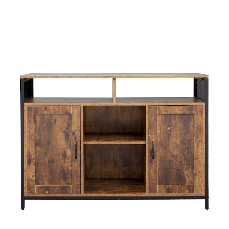 Buffet industriel avec étagères ouvertes et portes – Marron rustique et noir