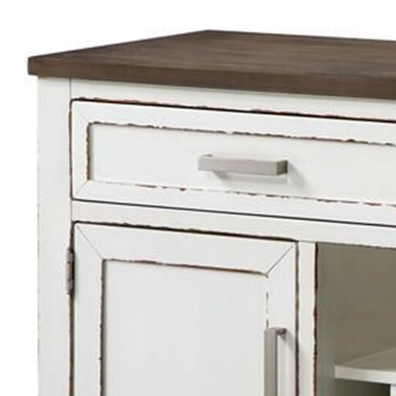 Buffet 137 cm, blanc et marron, casier à vin, 2 tiroirs, étagère ouverte
