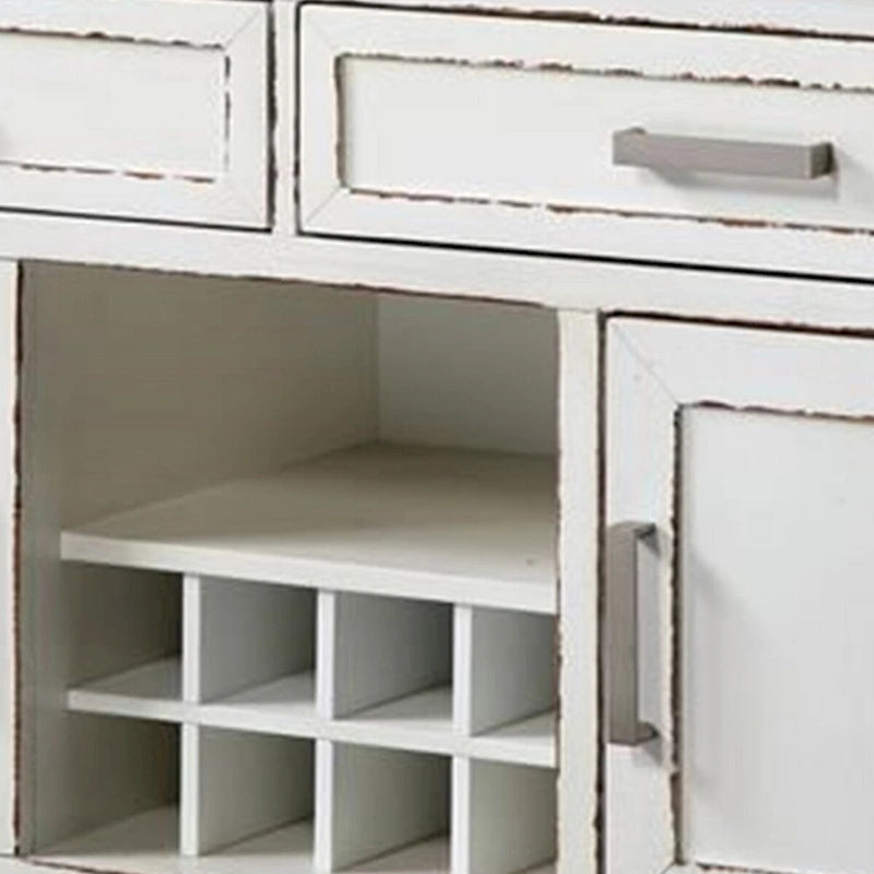 Buffet 137 cm, blanc et marron, casier à vin, 2 tiroirs, étagère ouverte