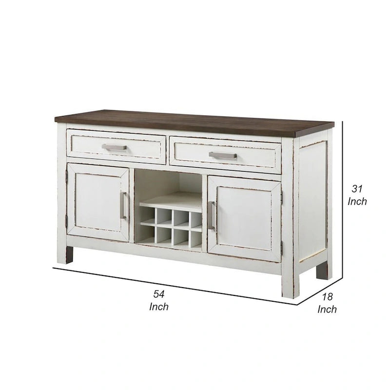 Buffet 137 cm, blanc et marron, casier à vin, 2 tiroirs, étagère ouverte
