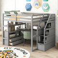 Lit mezzanine gris grand format avec bureau, étagères, tiroirs et escalier (1 personne)