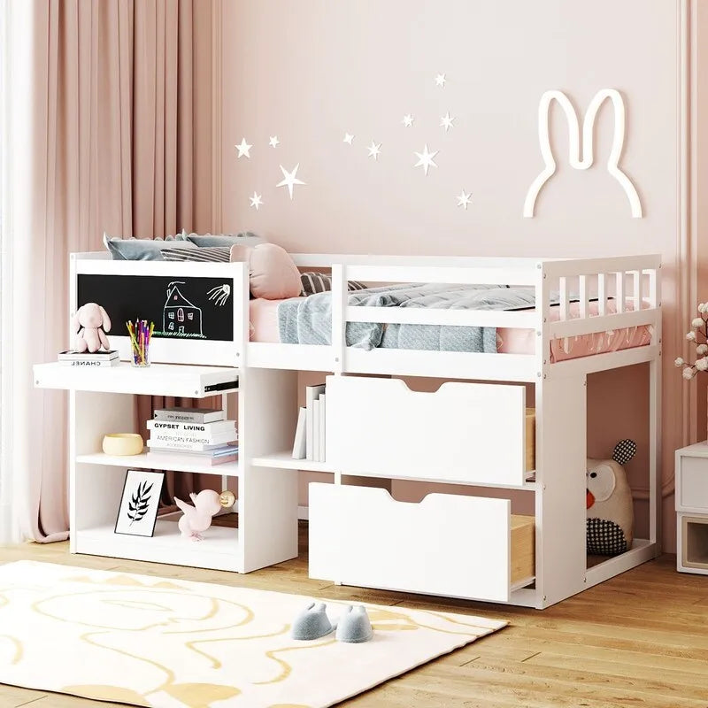 Lit mezzanine jumeau gris / blanc / espresso avec bureau, étagère et tiroirs – 1 personne