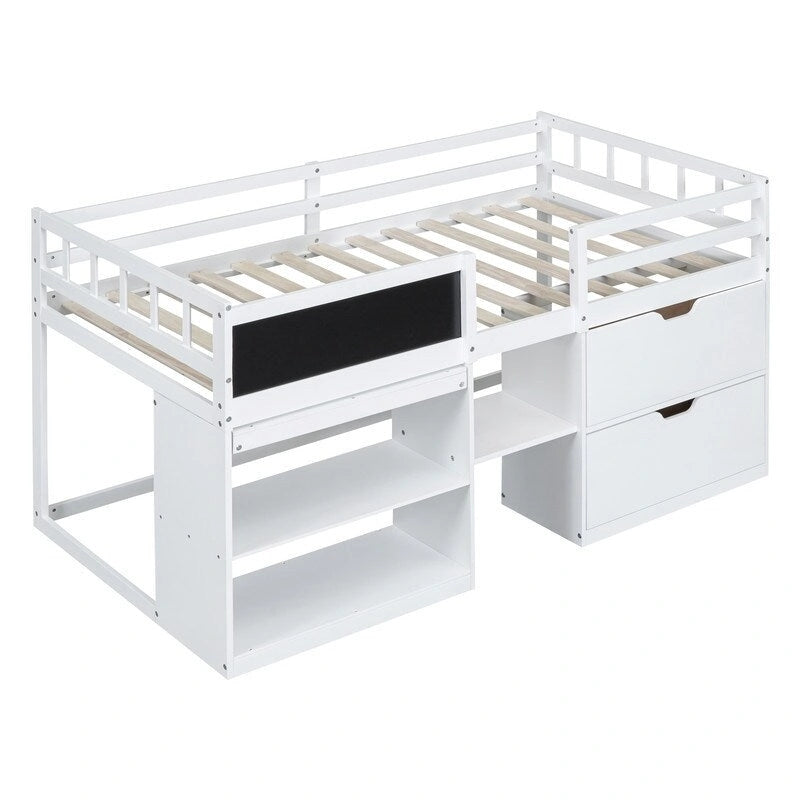 Lit mezzanine jumeau gris / blanc / espresso avec bureau, étagère et tiroirs – 1 personne
