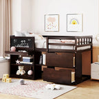 Lit mezzanine jumeau gris / blanc / espresso avec bureau, étagère et tiroirs – 1 personne
