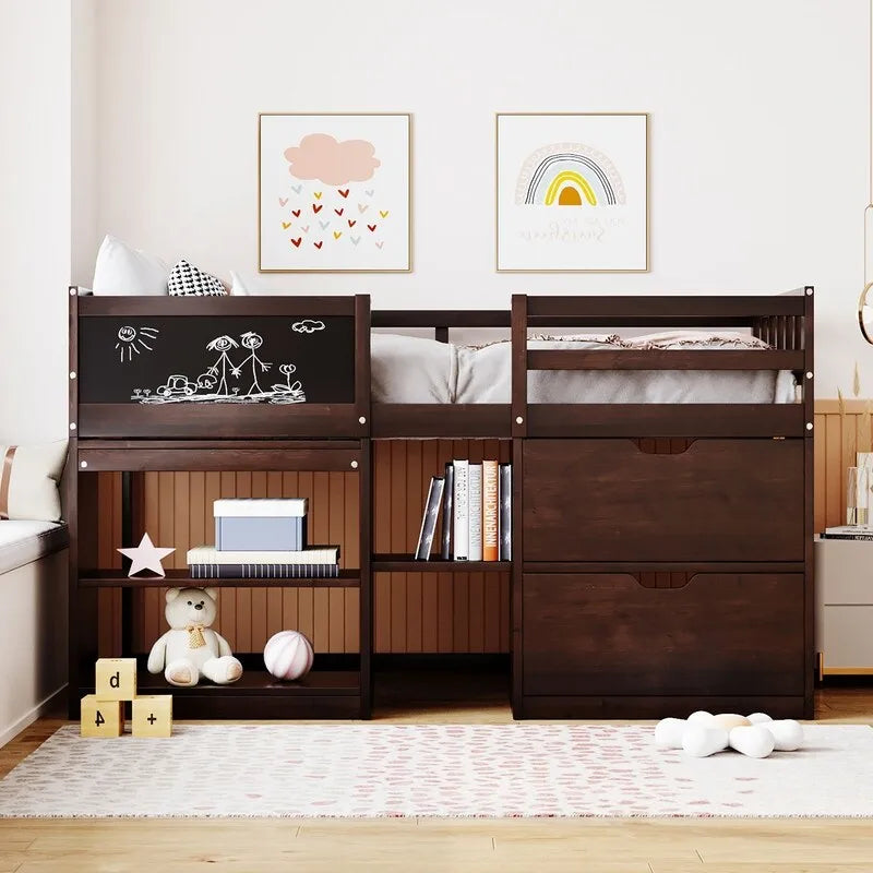 Lit mezzanine jumeau gris / blanc / espresso avec bureau, étagère et tiroirs – 1 personne