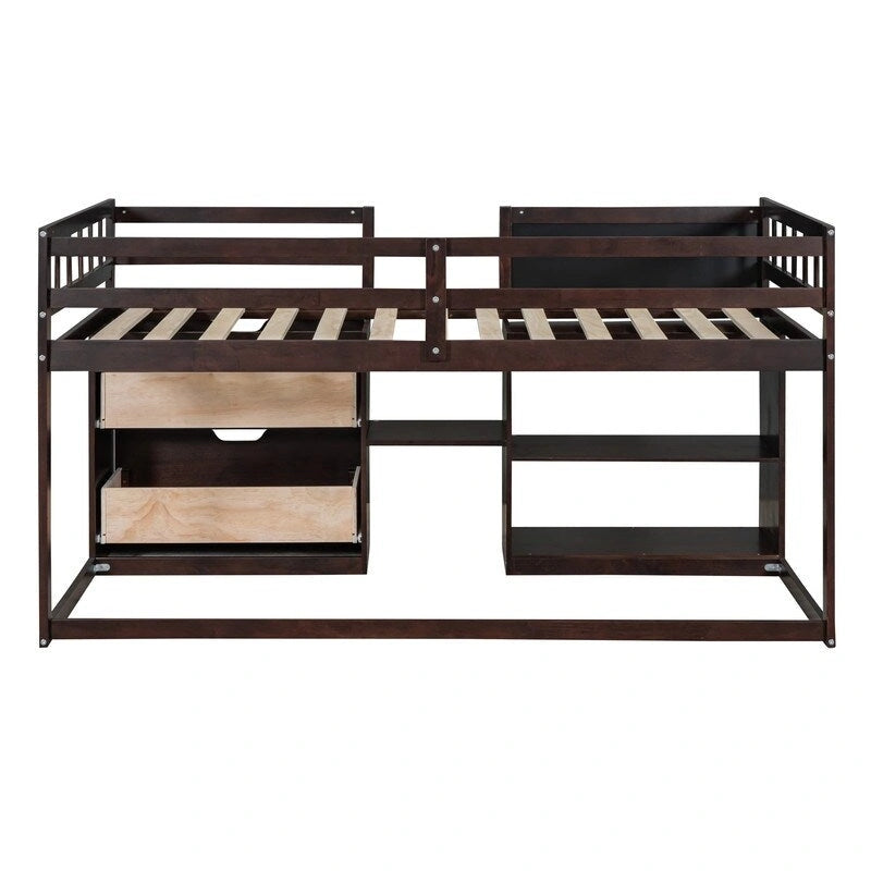 Lit mezzanine jumeau gris / blanc / espresso avec bureau, étagère et tiroirs – 1 personne
