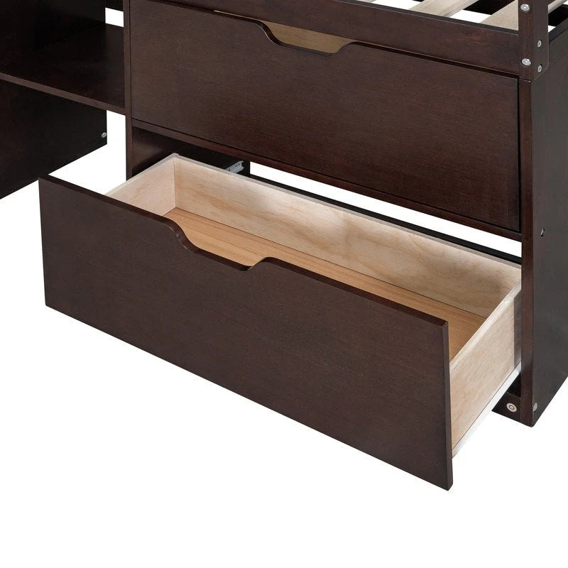 Lit mezzanine jumeau gris / blanc / espresso avec bureau, étagère et tiroirs – 1 personne