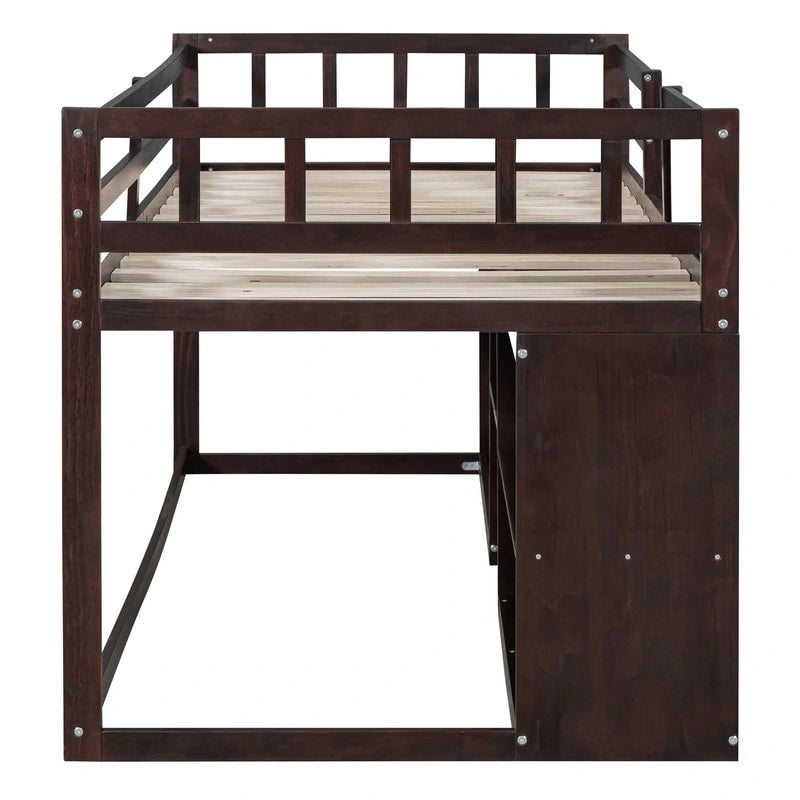 Lit mezzanine jumeau gris / blanc / espresso avec bureau, étagère et tiroirs – 1 personne