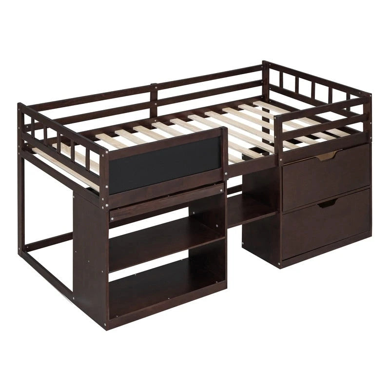 Lit mezzanine jumeau gris / blanc / espresso avec bureau, étagère et tiroirs – 1 personne