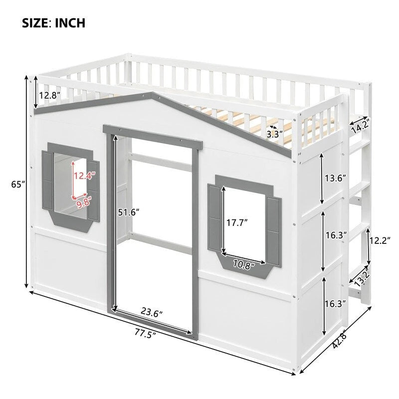 Lit mezzanine simple blanc/gris avec échelle – Style maison, 1 place
