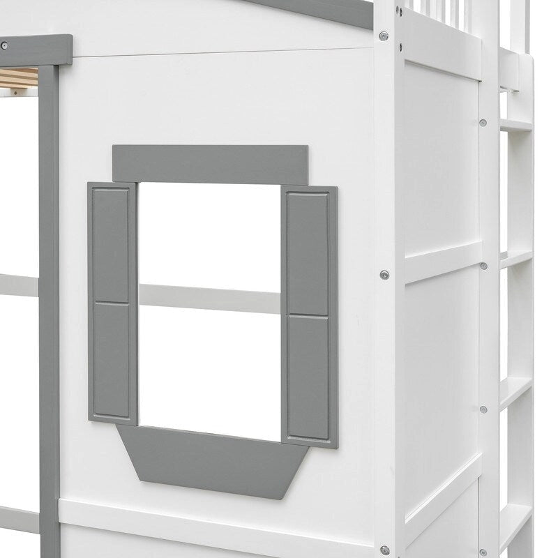Lit mezzanine simple blanc/gris avec échelle – Style maison, 1 place