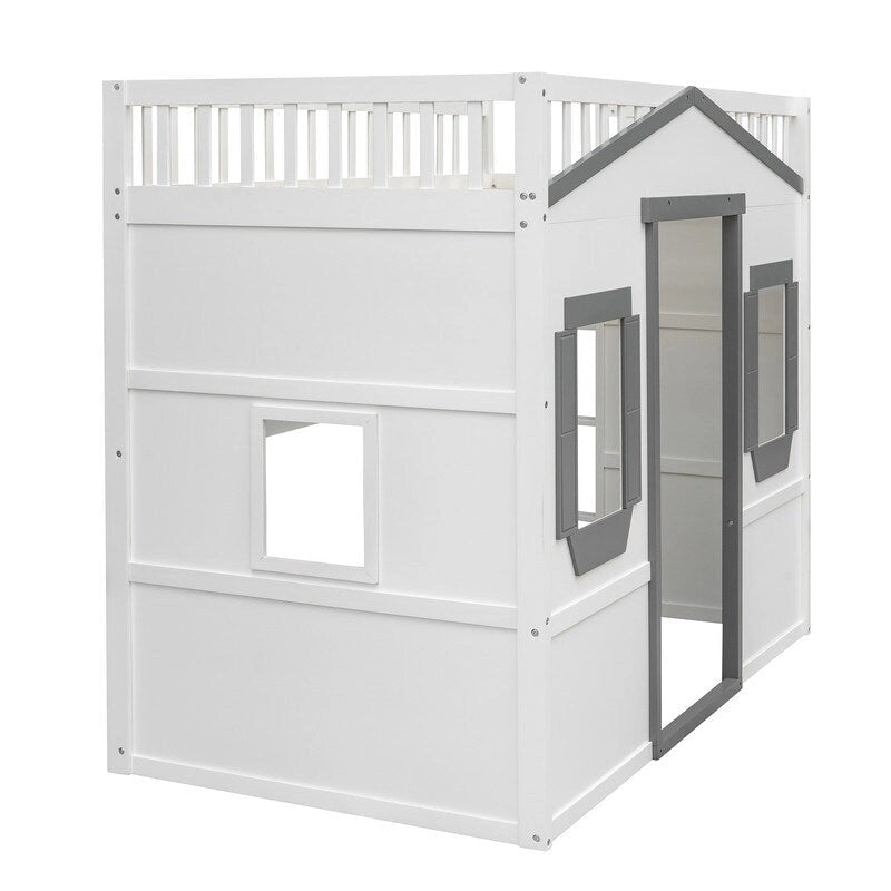 Lit mezzanine simple blanc/gris avec échelle – Style maison, 1 place