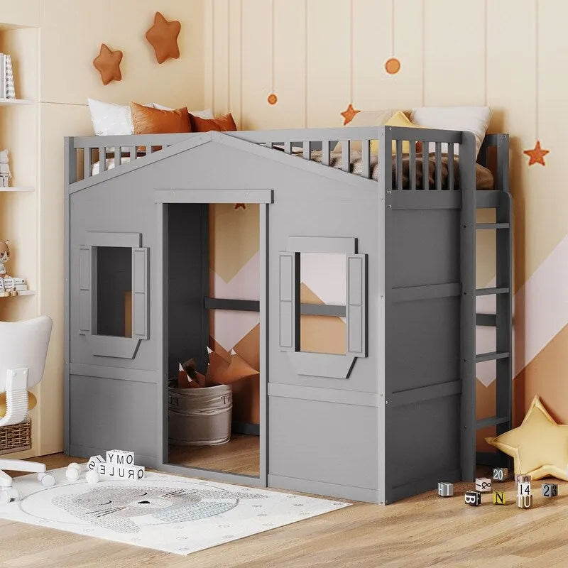 Lit mezzanine simple blanc/gris avec échelle – Style maison, 1 place