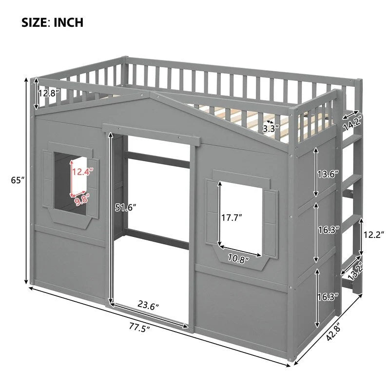 Lit mezzanine simple blanc/gris avec échelle – Style maison, 1 place