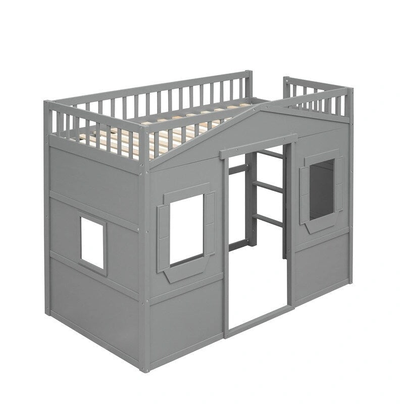 Lit mezzanine simple blanc/gris avec échelle – Style maison, 1 place