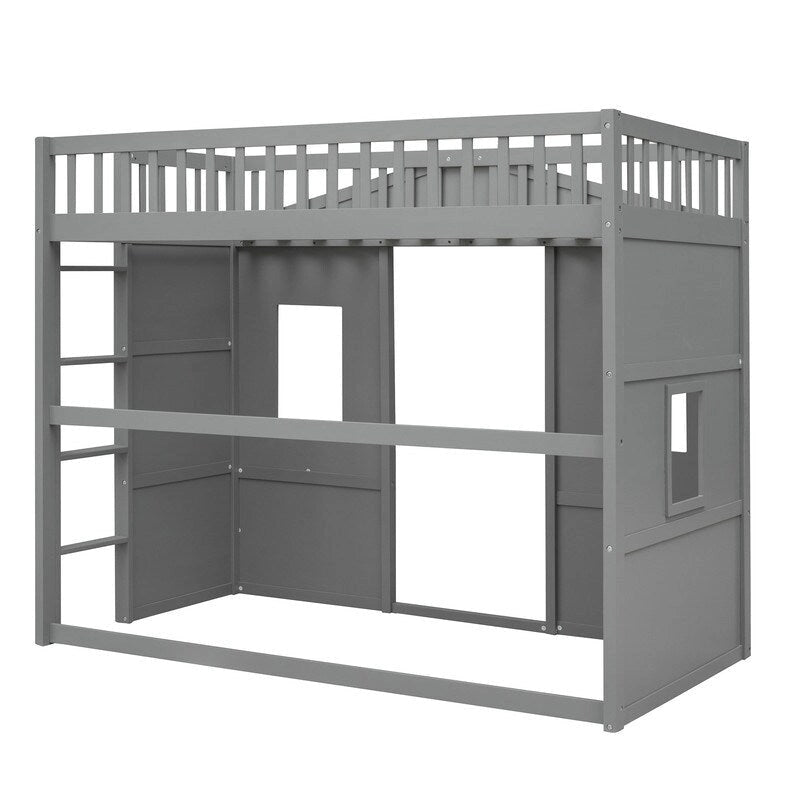 Lit mezzanine simple blanc/gris avec échelle – Style maison, 1 place