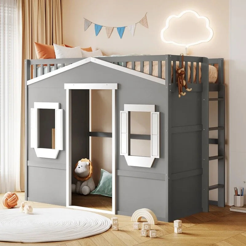 Lit mezzanine simple blanc/gris avec échelle – Style maison, 1 place