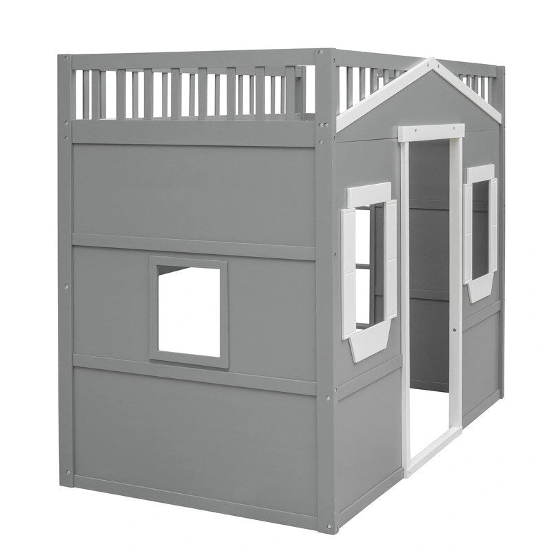 Lit mezzanine simple blanc/gris avec échelle – Style maison, 1 place