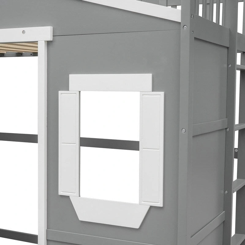 Lit mezzanine simple blanc/gris avec échelle – Style maison, 1 place