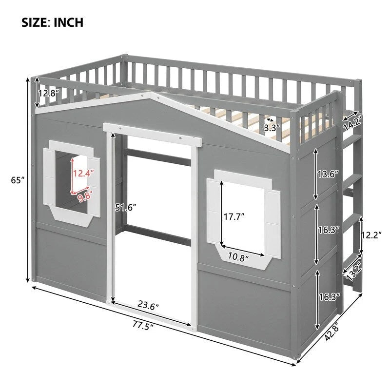 Lit mezzanine simple blanc/gris avec échelle – Style maison, 1 place