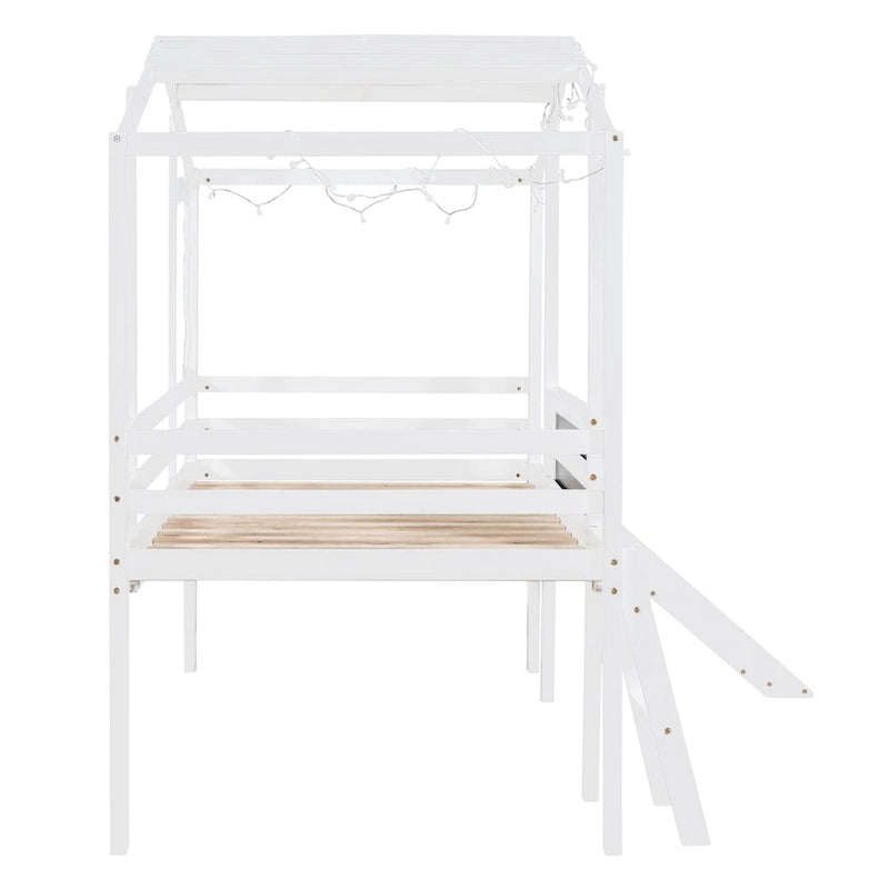 Lit mezzanine jumeau blanc avec toboggan et tableau noir, 1 enfant