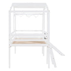 Lit mezzanine jumeau blanc avec toboggan et tableau noir, 1 enfant