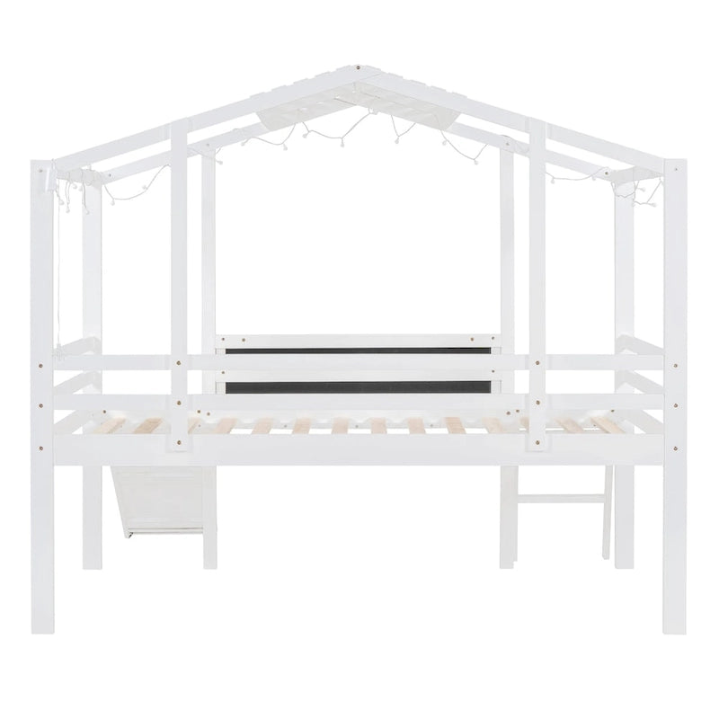 Lit mezzanine jumeau blanc avec toboggan et tableau noir, 1 enfant